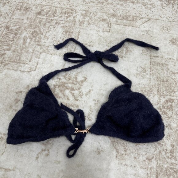 Savage X Fenty Bralette Womens Large Navy Fuzzy Triangle Halter Tie Plush Bra - Picture 1 of 8
